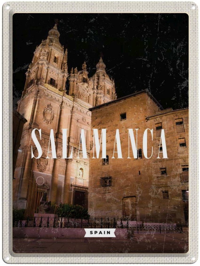 [LA-136438] Blechschild 40x30 cm Salamanca Spain Häuser Architektur Nacht Bildmotiv Reisemotiv Abenteuer Reisen Europa Urlaub