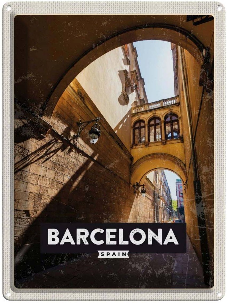 [LA-136487] Blechschild 40x30 cm Barcelona Spain Architektur Retro Bildmotiv Reisemotiv Abenteuer Reisen Urlaub Häuser