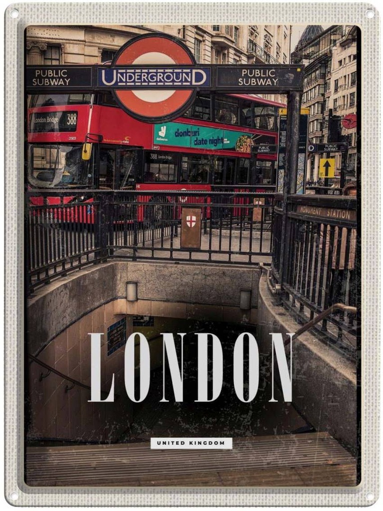 [LA-136610] Blechschild 40x30 cm London England Underground Train Bildmotiv Reisemotiv Abenteuer Reisen Urlaub