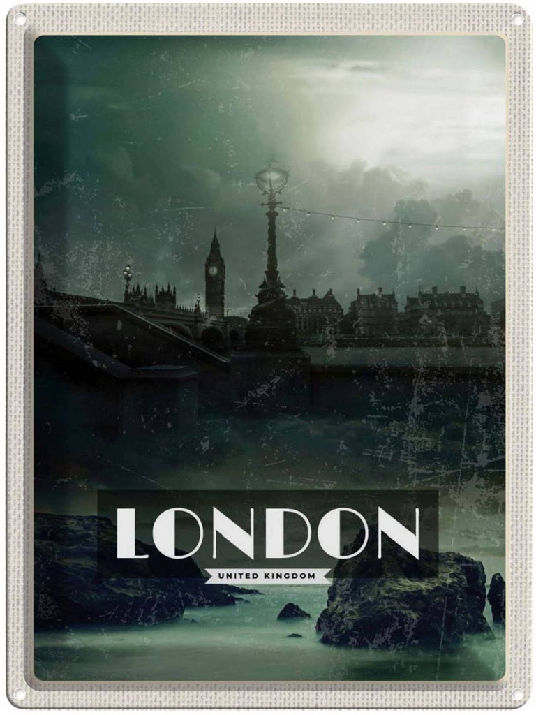[LA-136622] Blechschild 40x30 cm London UK Vintage Nacht Bildmotiv Reisemotiv Abenteuer Reisen England Urlaub