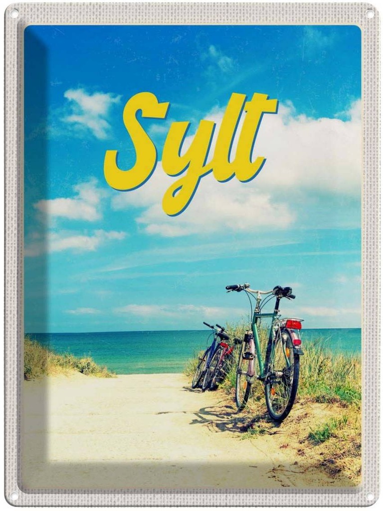 [LA-136925] Blechschild 40x30 cm Sylt Strand Deutschland Urlaub Meer Sand Sommer Fahrrad Bildmotiv Reisemotiv Abenteuer Reisen