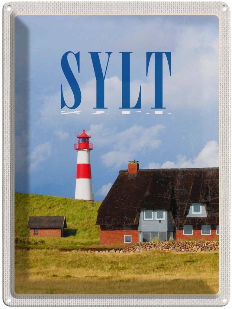 [LA-136930] Blechschild 40x30 cm Sylt Häuser Deutschland Urlaub Dach aus Moos Leuchtturm Bildmotiv Reisemotiv Abenteuer Reisen