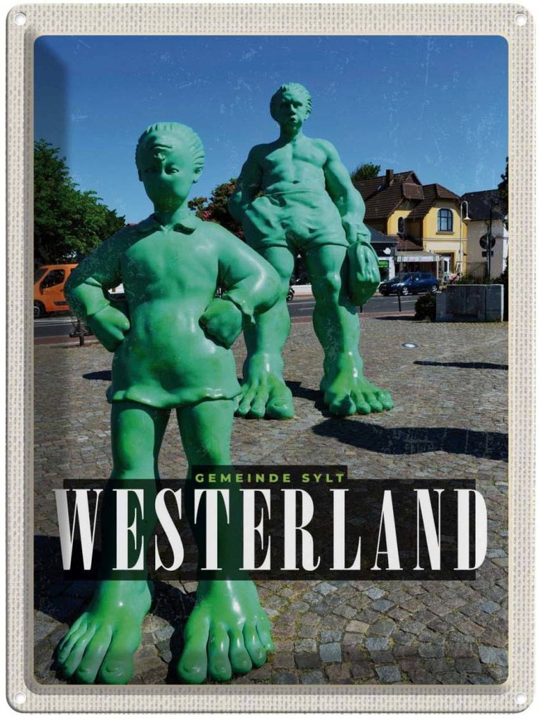 [LA-136968] Blechschild 40x30 cm Westerland Skulptur Reisende Riese Bildmotiv Reisemotiv Abenteuer Reisen Urlaub