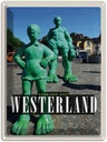 Blechschild 40x30 cm Westerland Skulptur Reisende Riese Bildmotiv Reisemotiv Abenteuer Reisen Urlaub