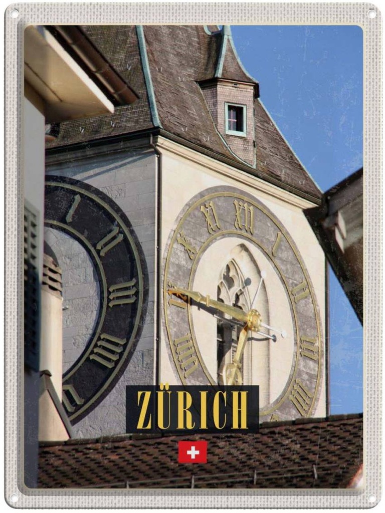 [LA-136975] Blechschild 40x30 cm Zürich Kirchenuhr Architektur Gold Bildmotiv Reisemotiv Abenteuer Reisen Urlaub Häuser