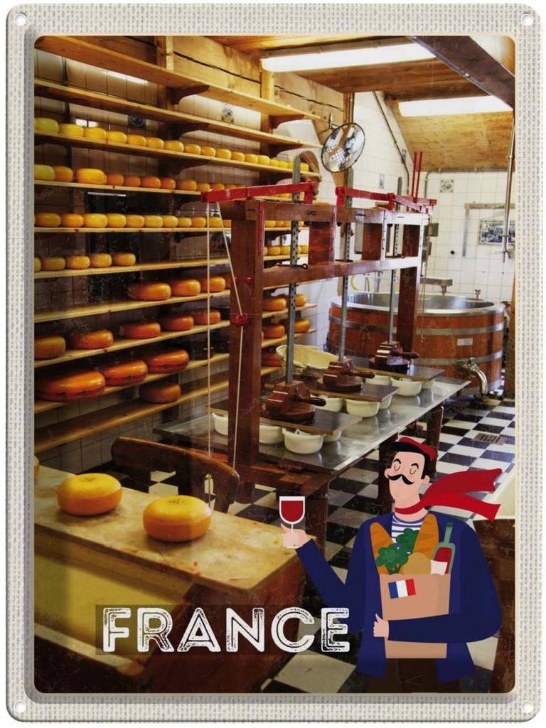 [LA-137064] Blechschild 40x30 cm Frankreich Käsemaschine Produktion Bildmotiv Reisemotiv Abenteuer Reisen Europa Urlaub