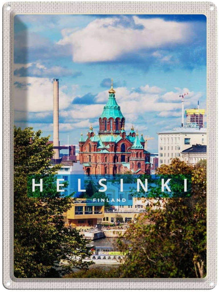 [LA-137086] Blechschild 40x30 cm Helsinki Finnland Häuser Architektur Kirche Bildmotiv Reisemotiv Abenteuer Reisen Europa Urlaub