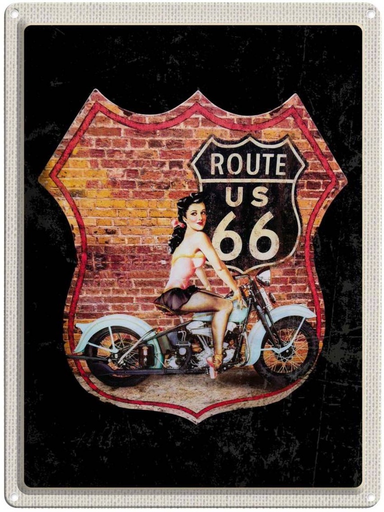 [LA-137137] Blechschild 40x30 cm USA Amerika Reisen Urlaub Route US 66 Motorrad Frau Bildmotiv Reisemotiv Abenteuer