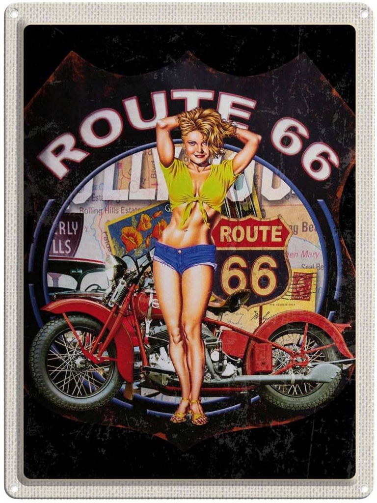 [LA-137138] Blechschild 40x30 cm USA Amerika Reisen Urlaub Route US 66 Biker Frau Bildmotiv Reisemotiv Abenteuer