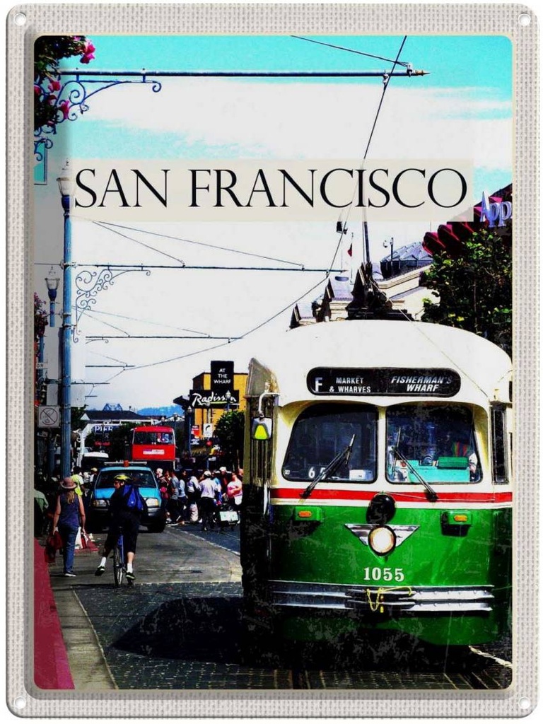 [LA-137182] Blechschild 40x30 cm San Francisco Urlaub Menschen Straßenbahn Bildmotiv Reisemotiv Abenteuer Reisen Amerika USA