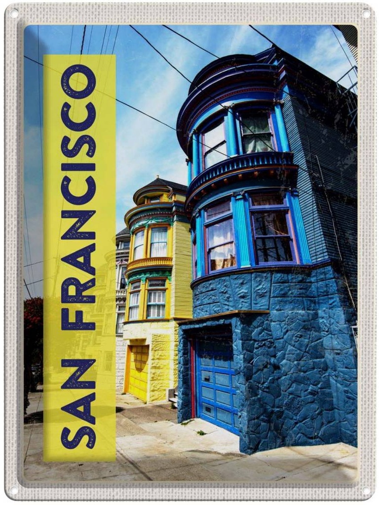 [LA-137183] Blechschild 40x30 cm San Francisco Amerika USA Urlaub Häuser blau gelb Bildmotiv Reisemotiv Abenteuer Reisen