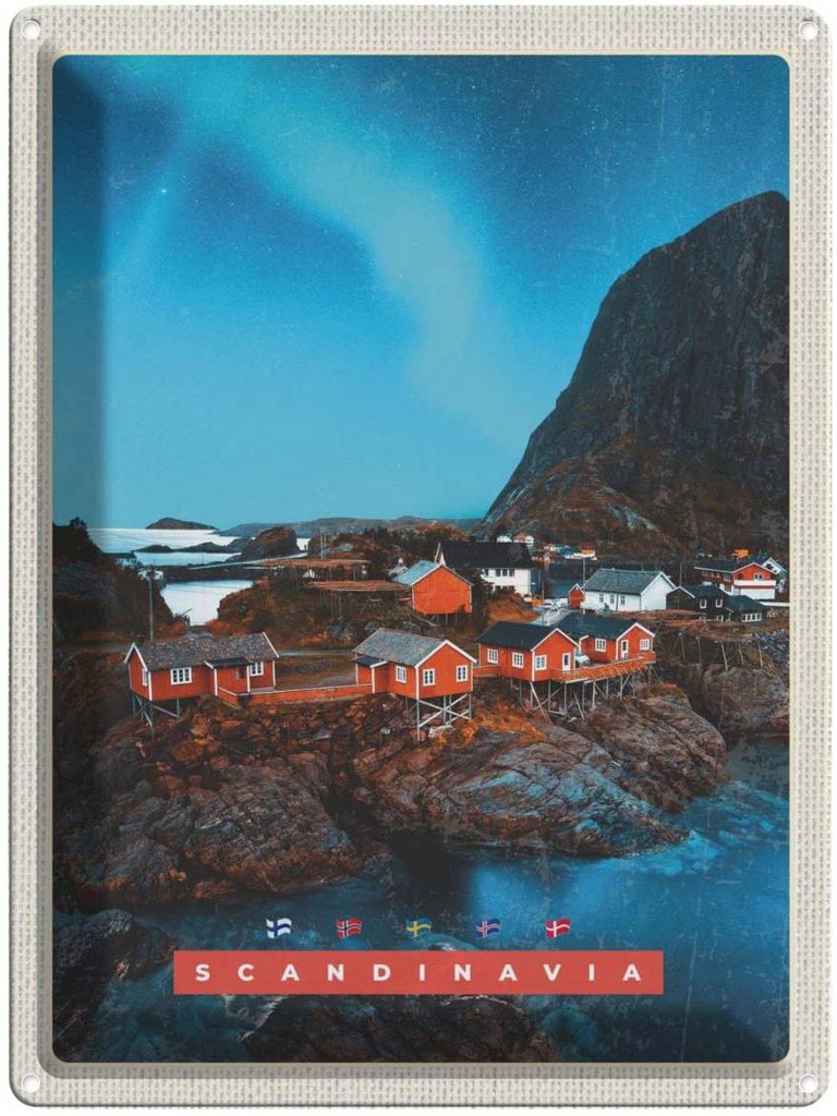 [LA-137203] Blechschild 40x30 cm SkandinawienMeer Gebirge Bildmotiv Reisemotiv Abenteuer Reisen Europa Urlaub