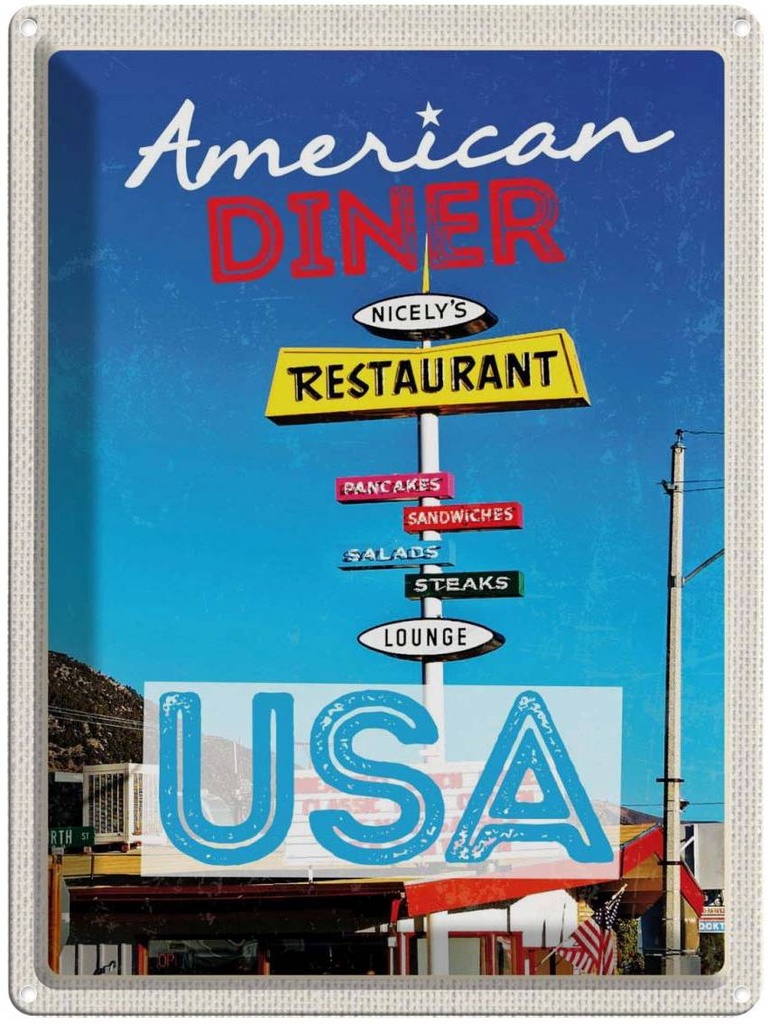 [LA-137256] Blechschild 40x30 cm USA Restaurant Urlaub Pancakes Steaks Salat Bildmotiv Reisemotiv Abenteuer Reisen Amerika