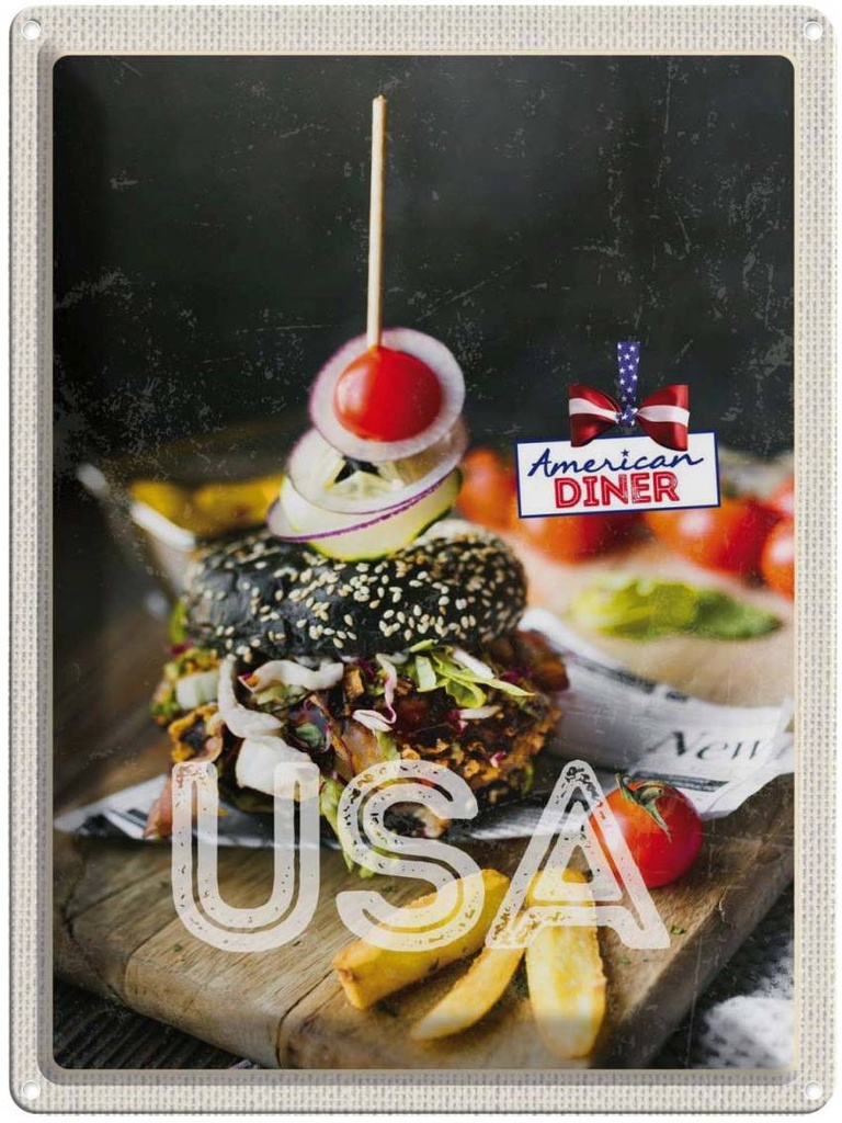 [LA-137258] Blechschild 40x30 cm Amerika Burger USA Urlaub American Diner Fast Food Gerichte Bildmotiv Reisemotiv Abenteuer Reisen