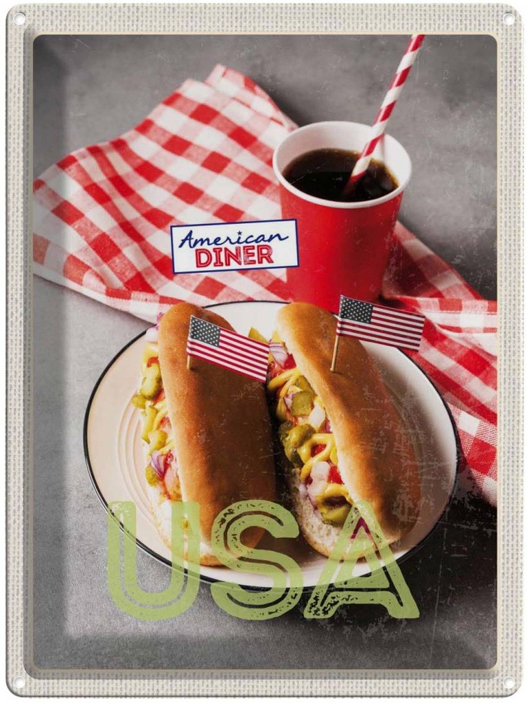 [LA-137259] Blechschild 40x30 cm Amerika USA Reisen Urlaub Hot Dog Gurken Senf Cola Bildmotiv Reisemotiv Abenteuer