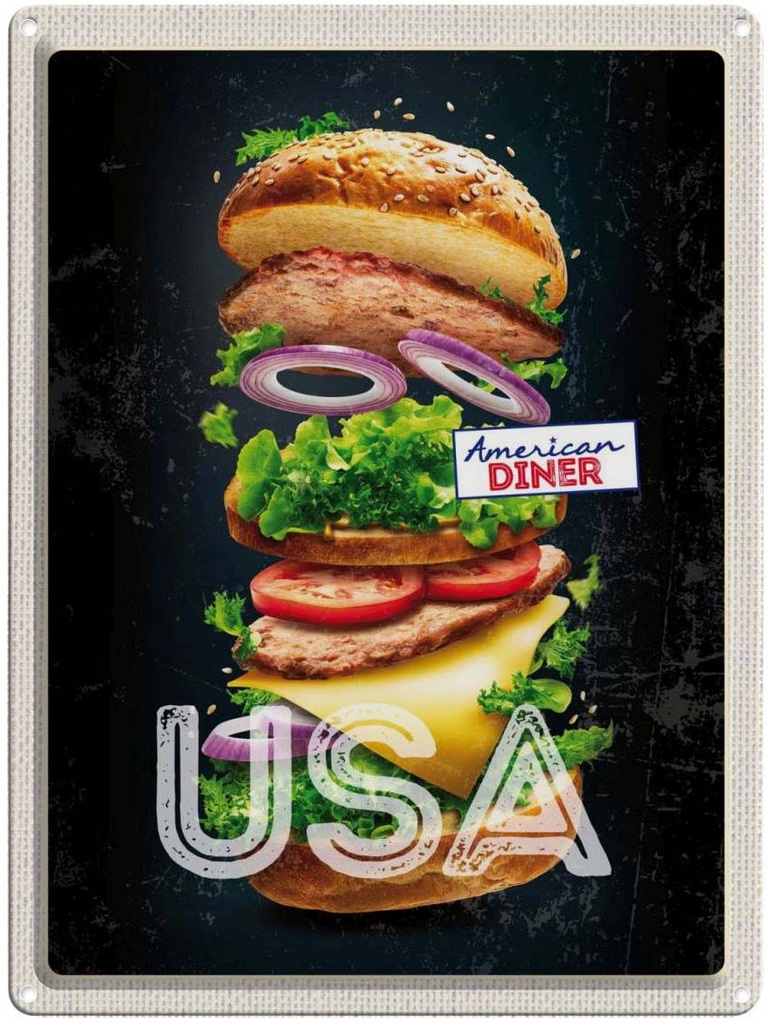 [LA-137260] Blechschild 40x30 cm Amerika USA Urlaub American Diner Burger Tomaten Gemälde Bildmotiv Reisemotiv Abenteuer Reisen