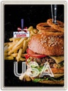 Blechschild 40x30 cm USA Burger Urlaub Pommes Zwiebelringe essen Bildmotiv Reisemotiv Abenteuer Reisen Amerika