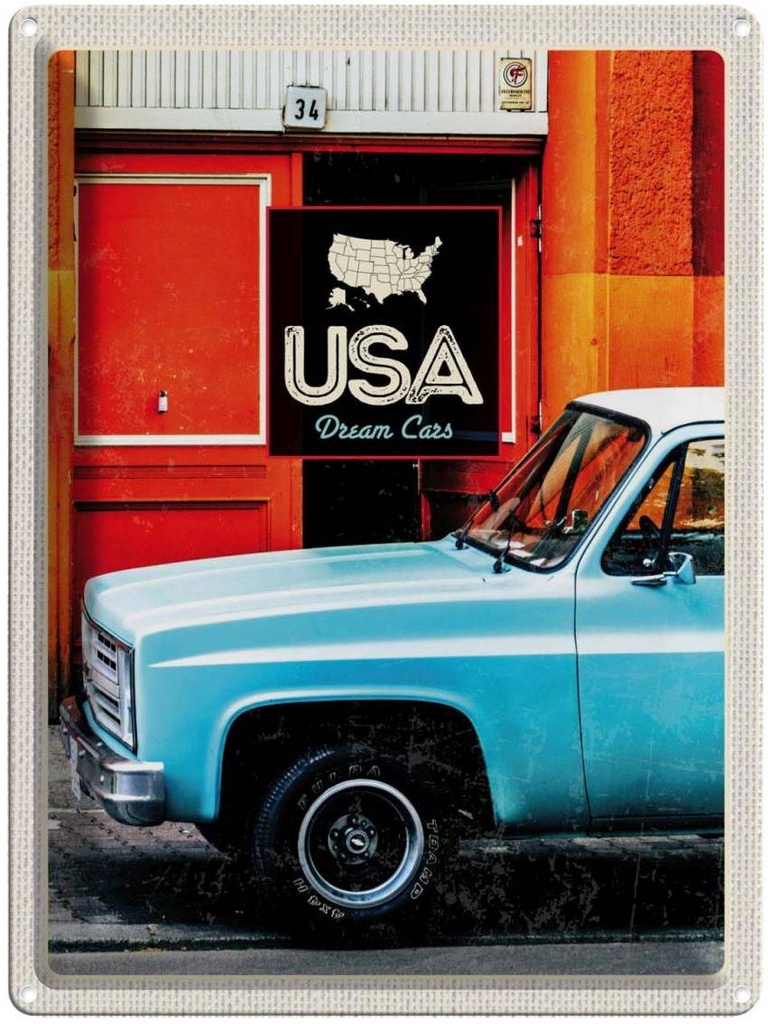 [LA-137266] Blechschild 40x30 cm USA Oldtimer Amerika Urlaub Dram Cars blau Bildmotiv Reisemotiv Abenteuer Reisen