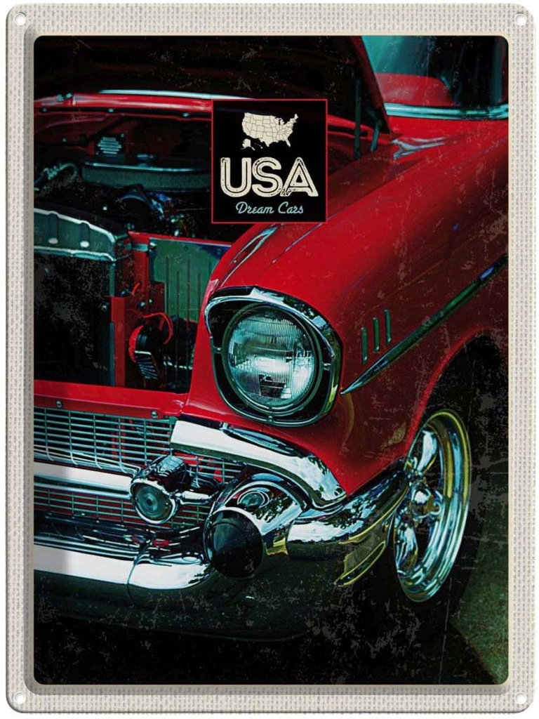 [LA-137271] Blechschild 40x30 cm Amerika Oldtimer Urlaub 90er rot Bildmotiv Reisemotiv Abenteuer Reisen USA