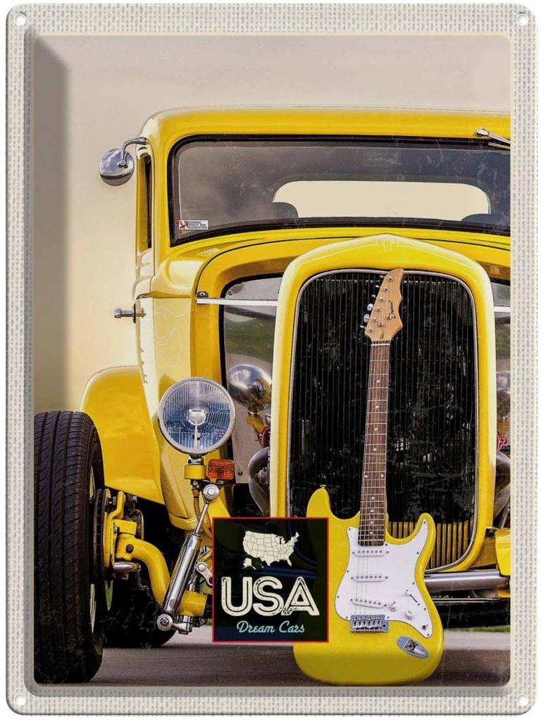 [LA-137276] Blechschild 40x30 cm Amerika Oldtimer USA Urlaub gelb Auto Gitarre Bildmotiv Reisemotiv Abenteuer Reisen