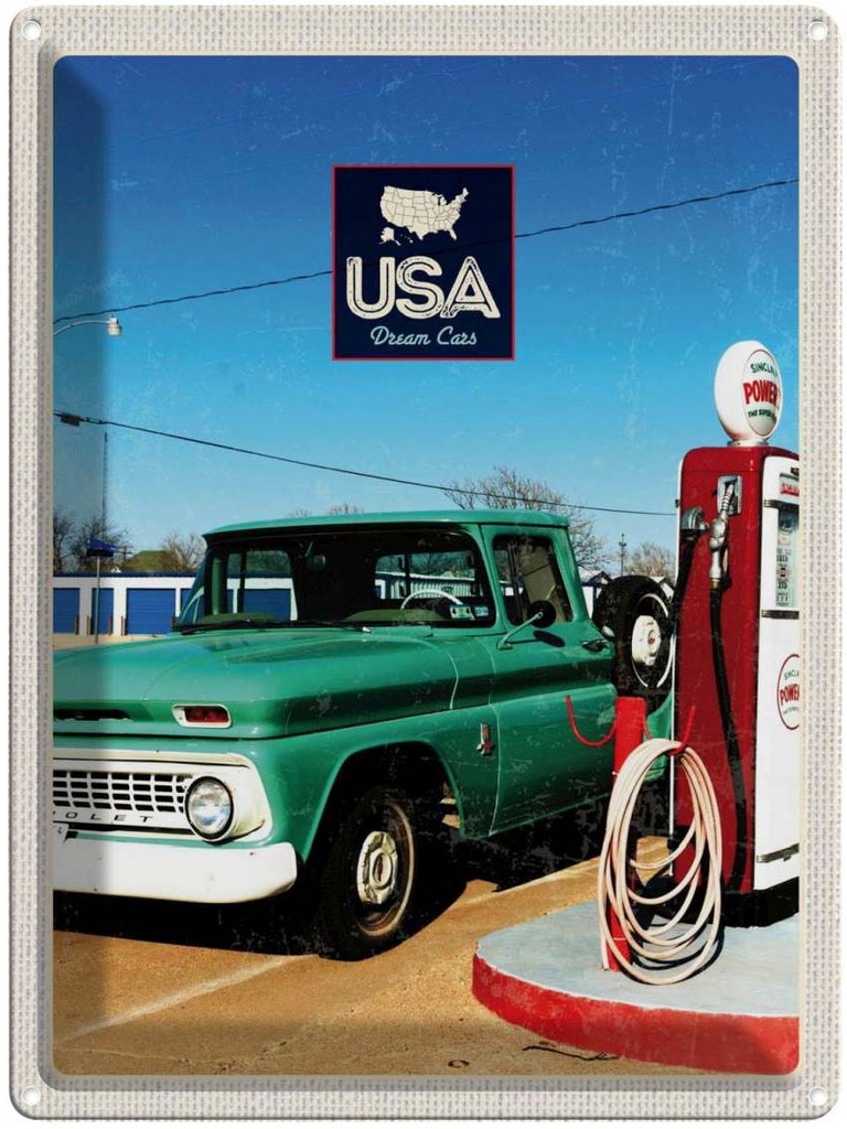 [LA-137278] Blechschild 40x30 cm Amerika Oldtimer Urlaub Tanksäule PKW Bildmotiv Reisemotiv Abenteuer Reisen USA