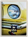 Blechschild 40x30 cm Amerika Oldtimer Urlaub Scheinwerfer gelb Bildmotiv Reisemotiv Abenteuer Reisen USA
