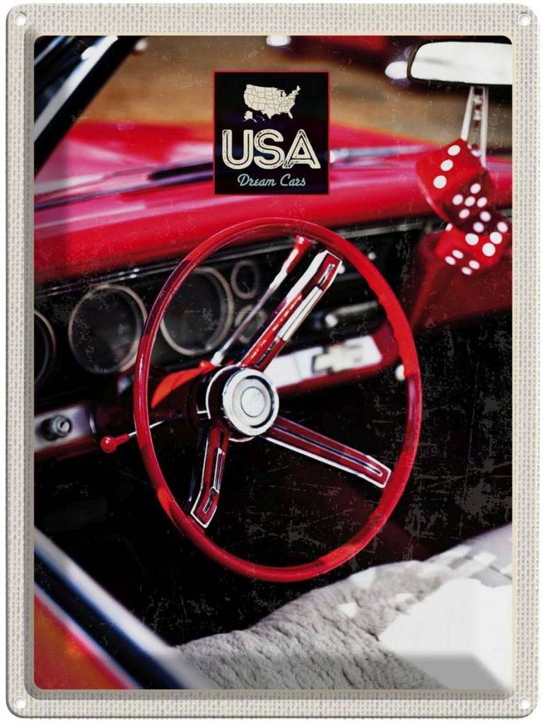 [LA-137282] Blechschild 40x30 cm Amerika Oldtimer USA Urlaub Rot Würfel Bildmotiv Reisemotiv Abenteuer Reisen