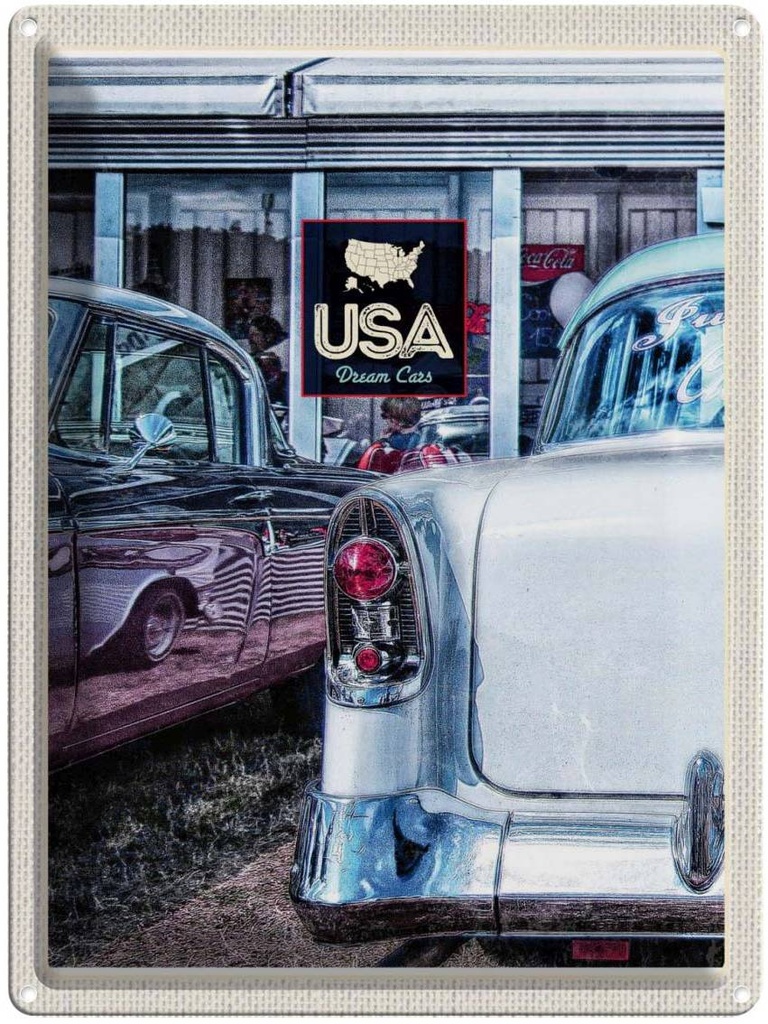 [LA-137285] Blechschild 40x30 cm Amerika Oldtimer USA Urlaub 90er silber Dram Cars Bildmotiv Reisemotiv Abenteuer Reisen