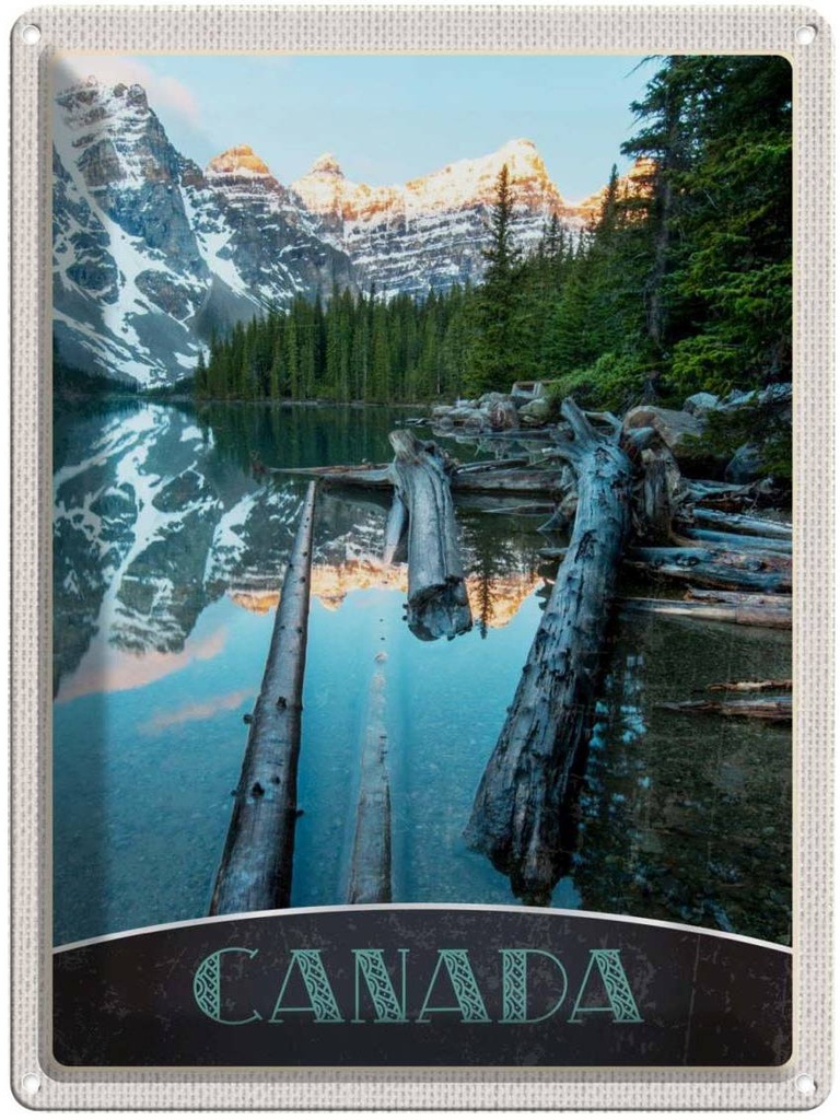 [LA-137326] Blechschild 40x30 cm Kanada Winter Amerika USA Urlaub Schnee Natur Wald Fluss Bildmotiv Reisemotiv Abenteuer Reisen