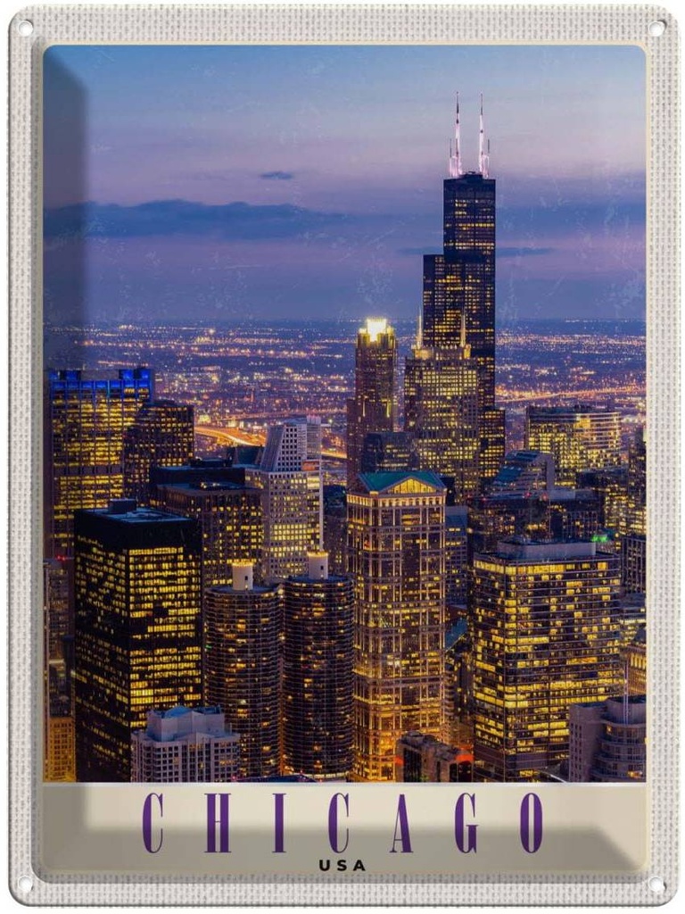 [LA-137330] Blechschild 40x30 cm Chicago Amerika USA Urlaub Hochhaus Abend Bildmotiv Reisemotiv Abenteuer Reisen