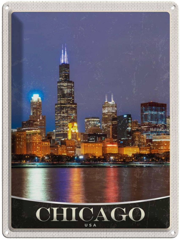 [LA-137332] Blechschild 40x30 cm Chicago USA Amerika Urlaub Abend am Meer Bildmotiv Reisemotiv Abenteuer Reisen