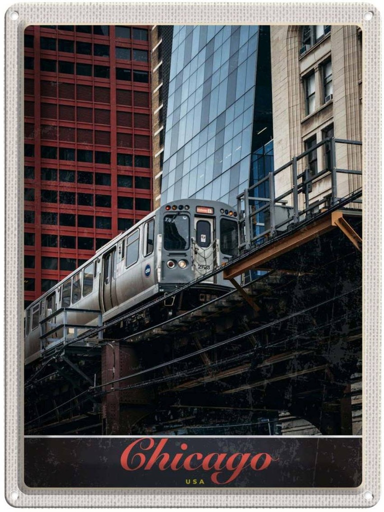 [LA-137334] Blechschild 40x30 cm Chicago USA Urlaub Amerika Bahn Hochaus Bildmotiv Reisemotiv Abenteuer Reisen