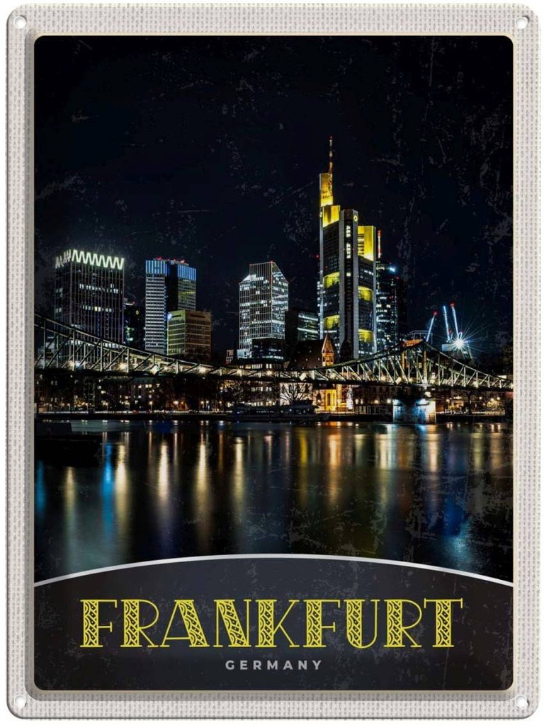 [LA-137359] Blechschild 40x30 cm Frankfurt Deutschalnd Nacht Brücke Bildmotiv Reisemotiv Abenteuer Reisen Deutschland Urlaub