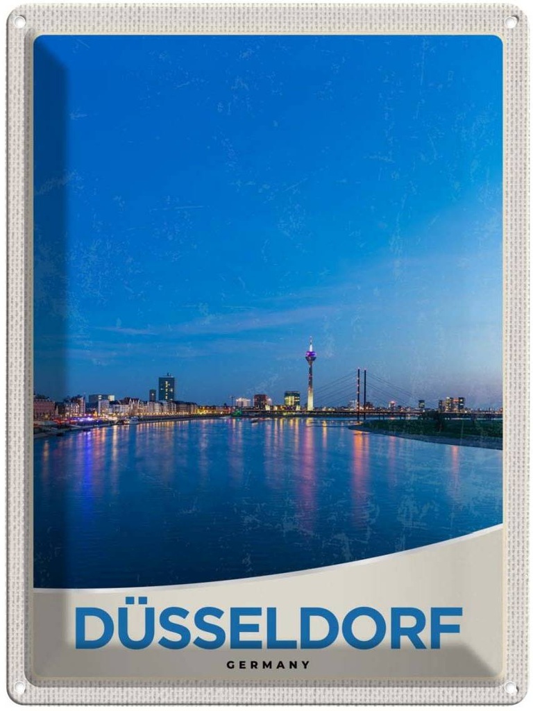 [LA-137364] Blechschild 40x30 cm Düsseldorf Fluss Urlaub Stadt Brücke Turm Bildmotiv Reisemotiv Abenteuer Reisen Deutschland