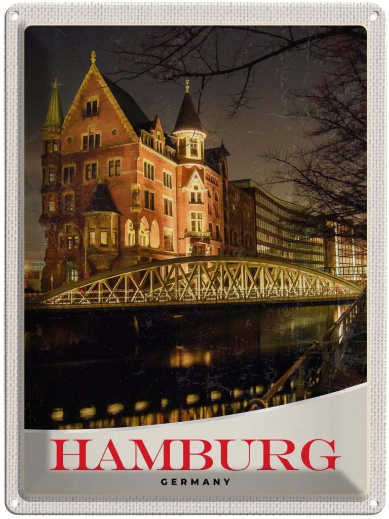 [LA-137372] Blechschild 40x30 cm Hamburg Deutschland Brücke Kirche Bildmotiv Reisemotiv Abenteuer Reisen Urlaub