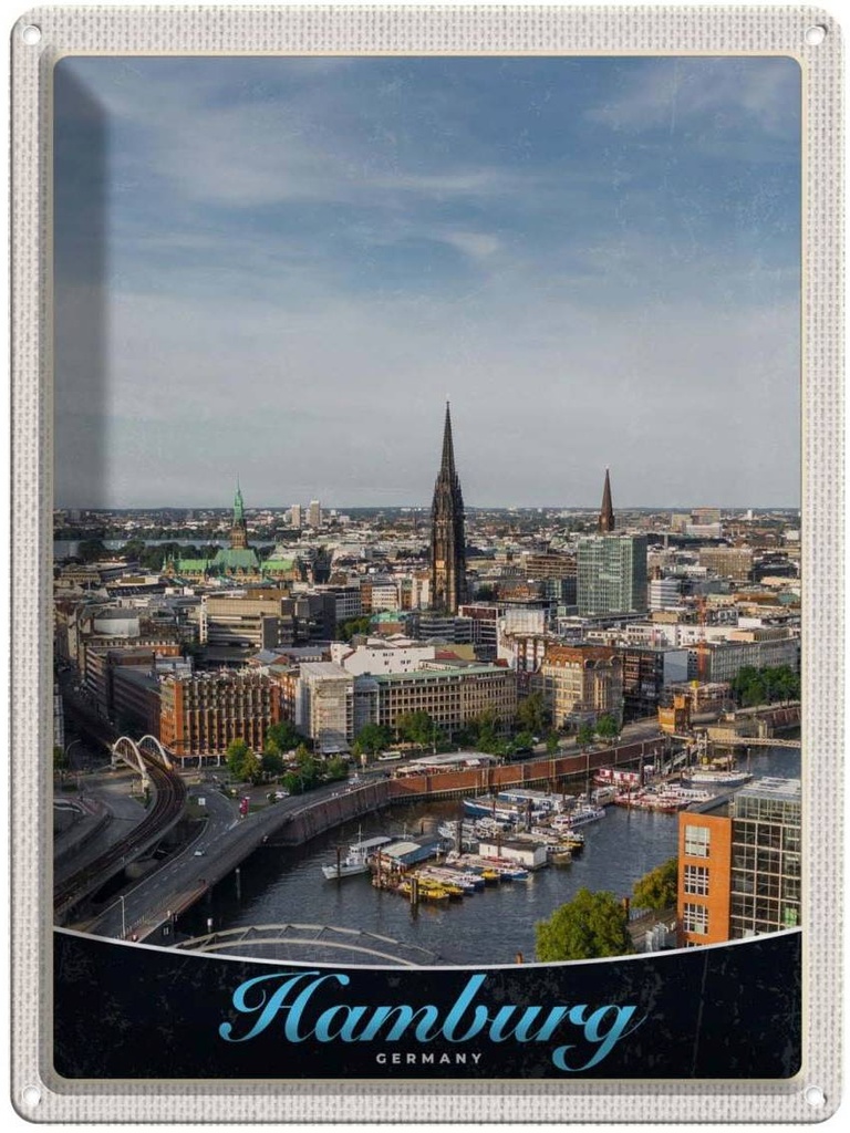 [LA-137374] Blechschild 40x30 cm Hamburg Deutschland Urlaub Hafen Stadt Boote Bildmotiv Reisemotiv Abenteuer Reisen