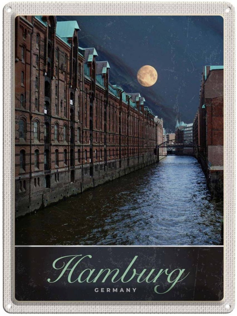 [LA-137378] Blechschild 40x30 cm Hamburg Deutschland Urlaub Fluss Nacht Trip Bildmotiv Reisemotiv Abenteuer Reisen