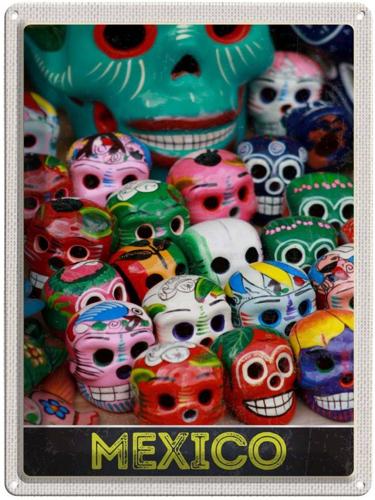 [LA-137410] Blechschild 40x30 cm Mexiko Amerika USA Urlaub bunte Totenköpfe Bildmotiv Reisemotiv Abenteuer Reisen