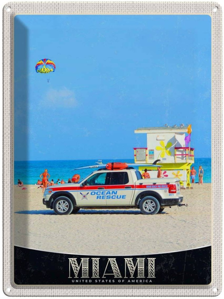 [LA-137413] Blechschild 40x30 cm Miami USA Urlaub Amerika Ozeanrettung Wagen Bildmotiv Reisemotiv Abenteuer Reisen