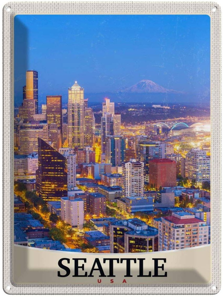 [LA-137494] Blechschild 40x30 cm Seattle USA Urlaub Amerika Stadt Abend Bildmotiv Reisemotiv Abenteuer Reisen