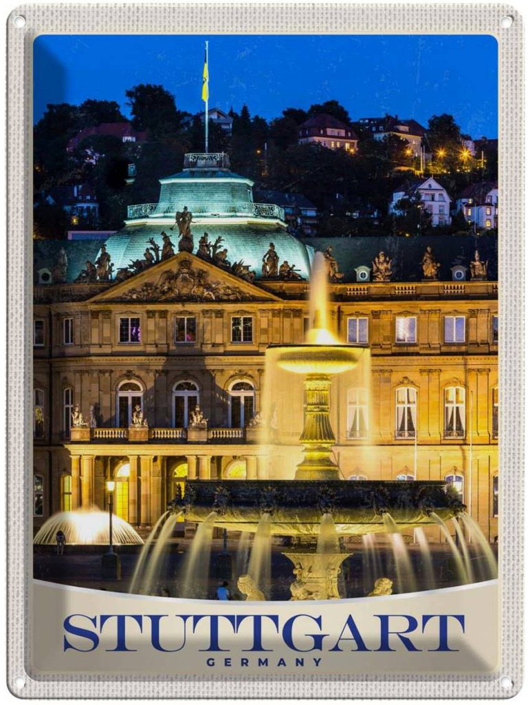 [LA-137504] Blechschild 40x30 cm Stuttgart Deutschland Schloss Abend Bildmotiv Reisemotiv Abenteuer Reisen Urlaub
