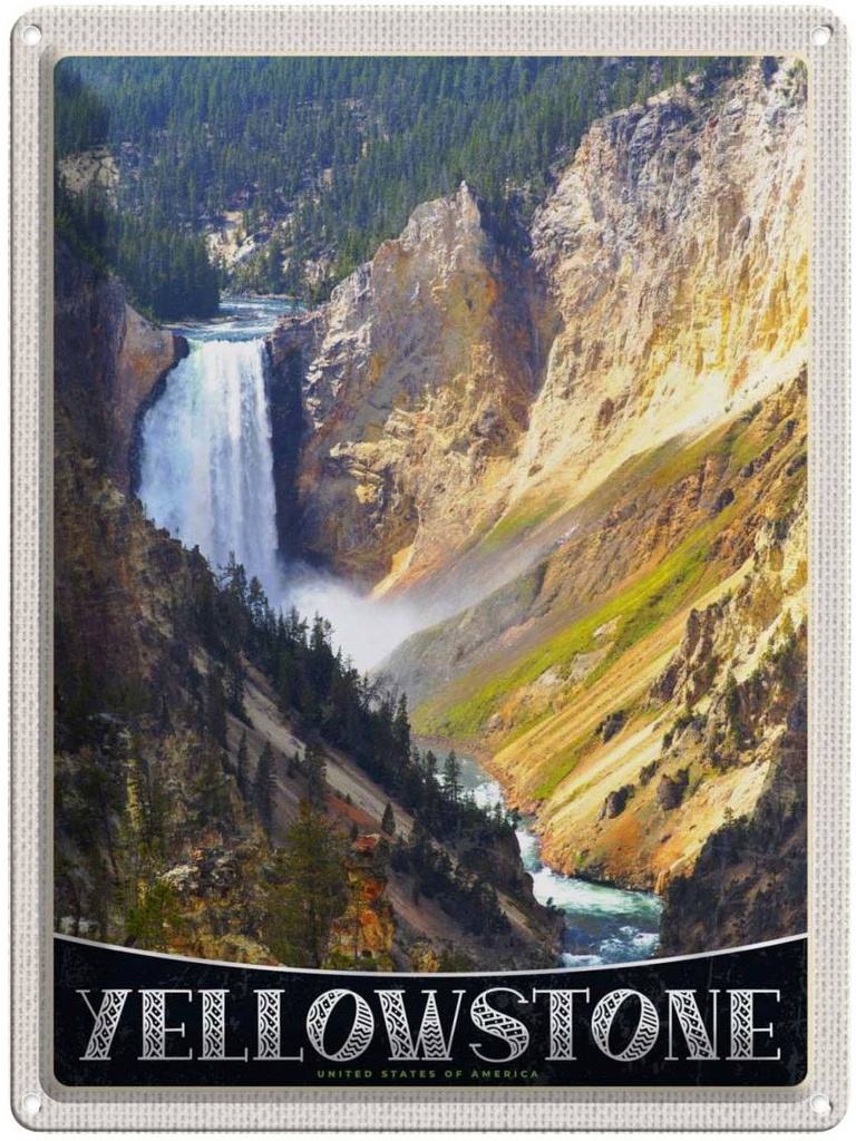 [LA-137516] Blechschild 40x30 cm Yellowstone Wasserfall Urlaub Fluss Natur Bildmotiv Reisemotiv Abenteuer Reisen Amerika USA