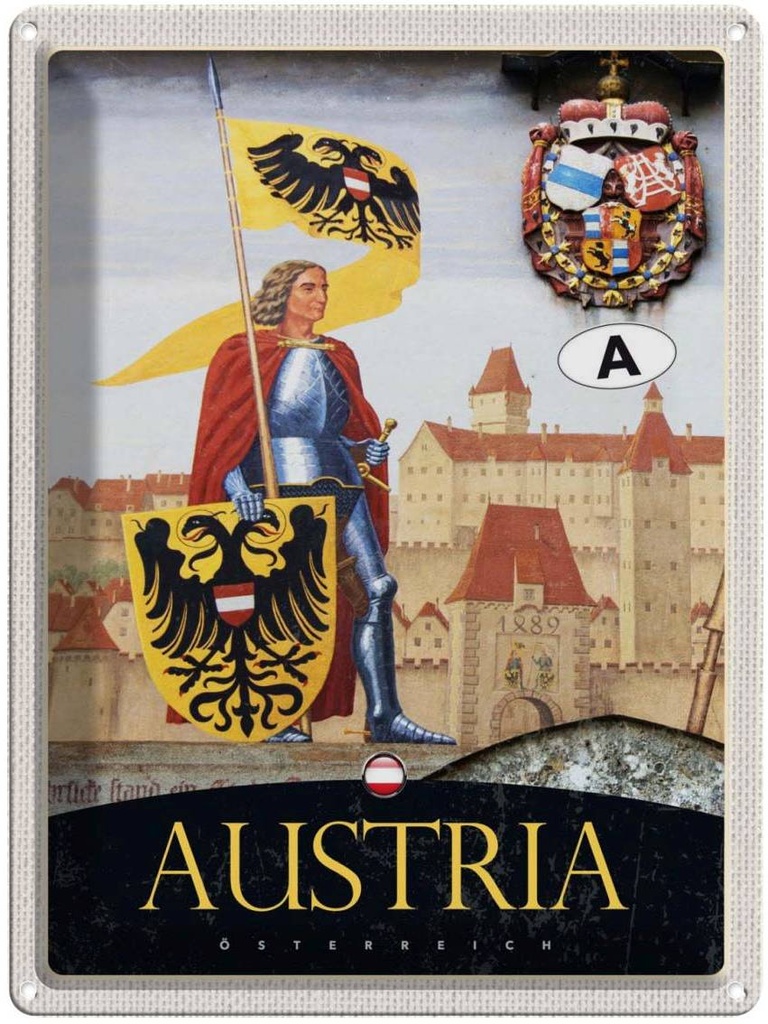 [LA-137601] Blechschild 40x30 cm Österreich Ritter Urlaub Burg 1889 Wappen Bildmotiv Reisemotiv Abenteuer Reisen Europa