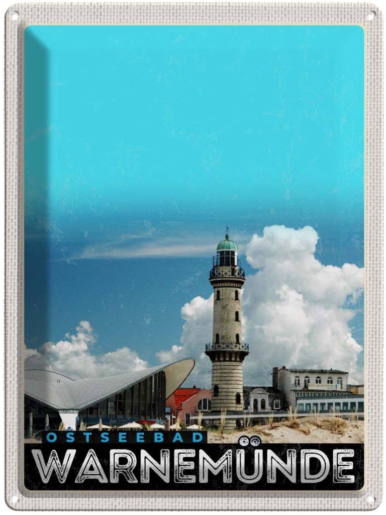 [LA-137656] Blechschild 40x30 cm Ostseebad Warnemüde Leuchtturm Strand Bildmotiv Reisemotiv Abenteuer Reisen Deutschland Urlaub