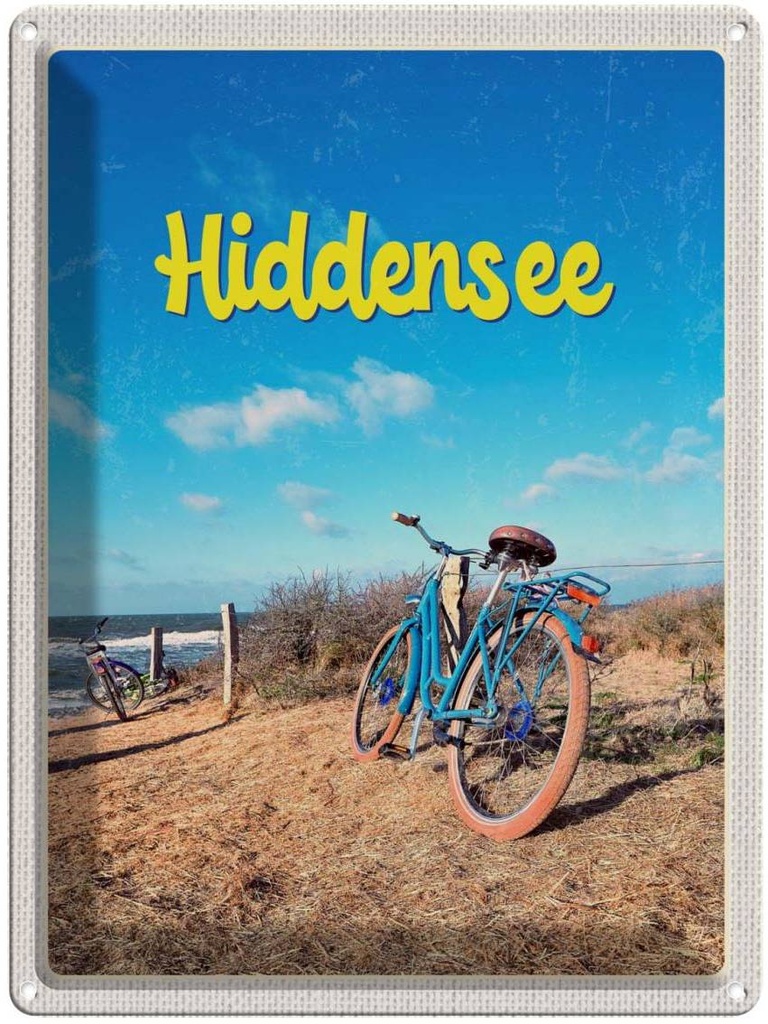 [LA-137660] Blechschild 40x30 cm Hiddensee Fahrrad Strand Meer Bildmotiv Reisemotiv Abenteuer Reisen Deutschland Urlaub