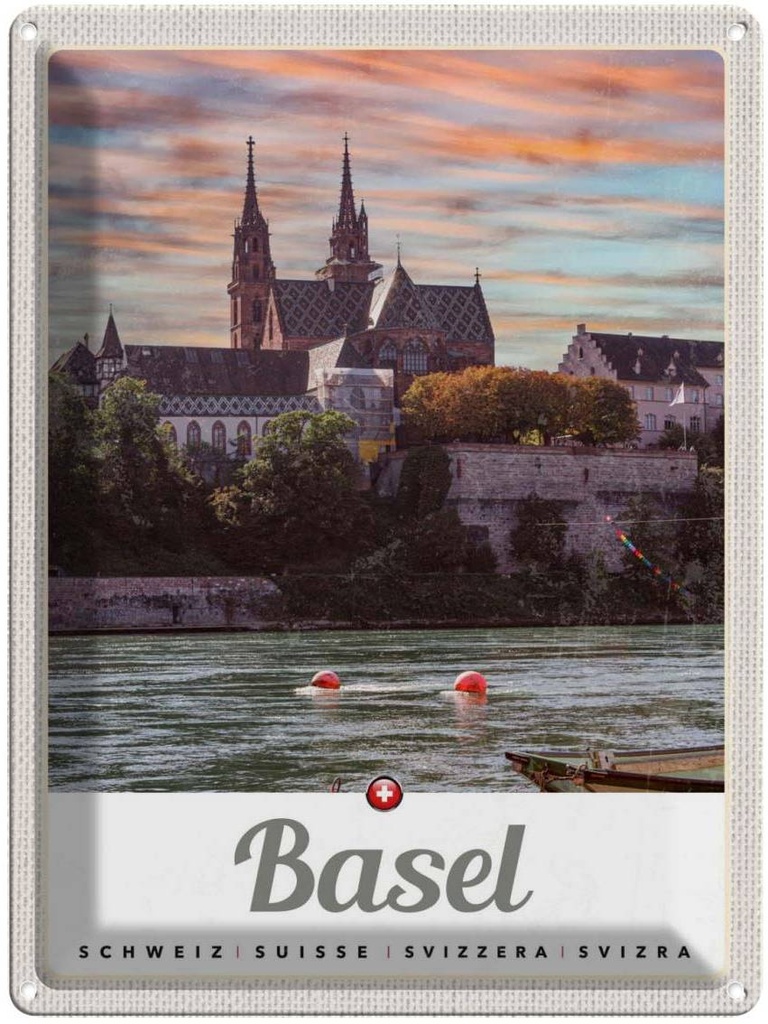 [LA-137836] Blechschild 40x30 cm Basel Schweiz Häuser Architektur Fluss Natur Bildmotiv Reisemotiv Abenteuer Reisen Urlaub