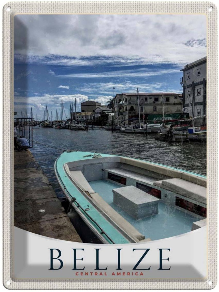 [LA-137954] Blechschild 40x30 cm Belize Central USA Urlaub Amerika Boote Ufer Bildmotiv Reisemotiv Abenteuer Reisen