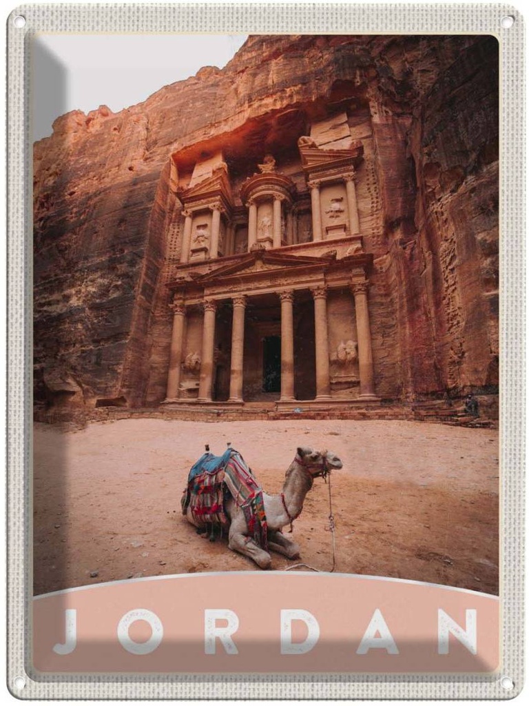 [LA-138038] Blechschild 40x30 cm Jordan Kamel Architektur Wüste Bildmotiv Reisemotiv Abenteuer Reisen Urlaub Häuser