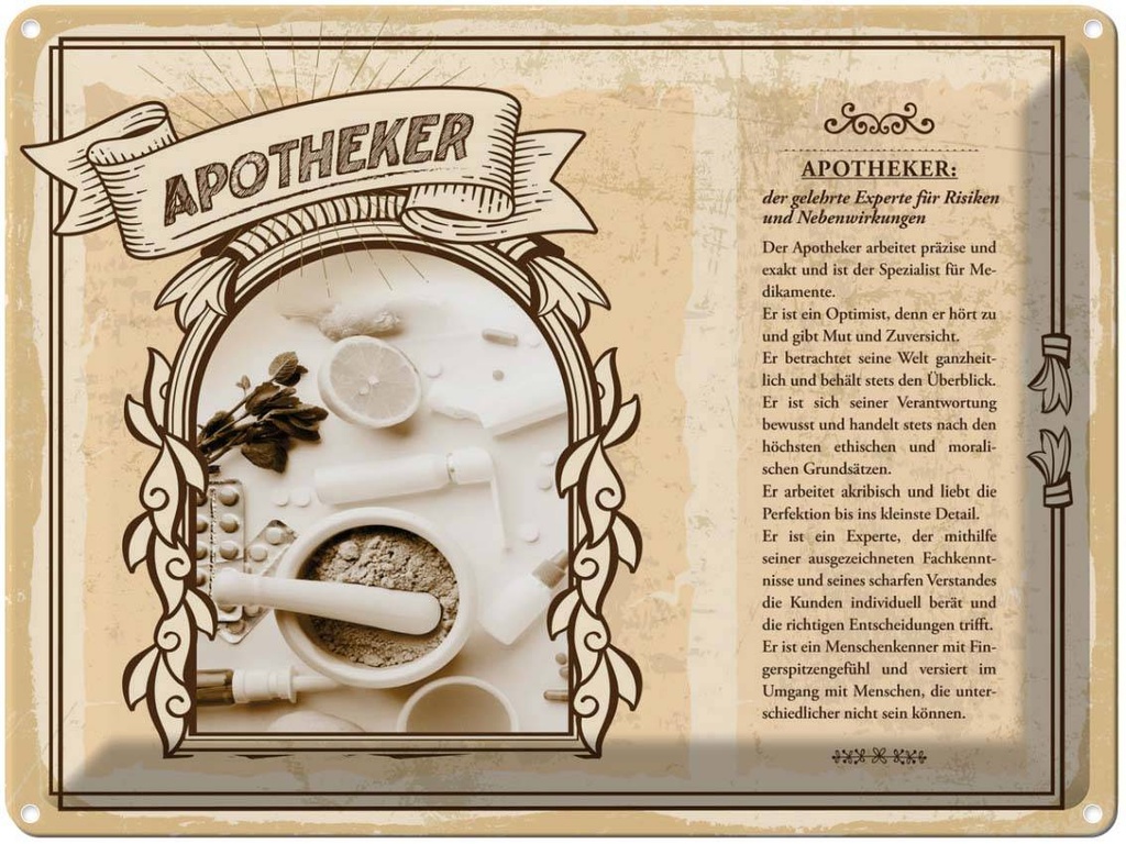 [LA-138160] Blechschild 30x40 cm Apotheker Risiken Nebenwirkungen Beruf Arbeit