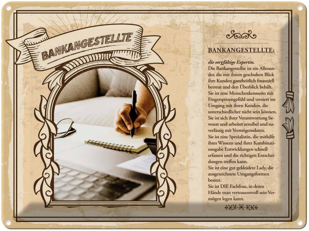 [LA-138168] Blechschild 30x40 cm Bankangestellte Konten Überblick Beruf Arbeit